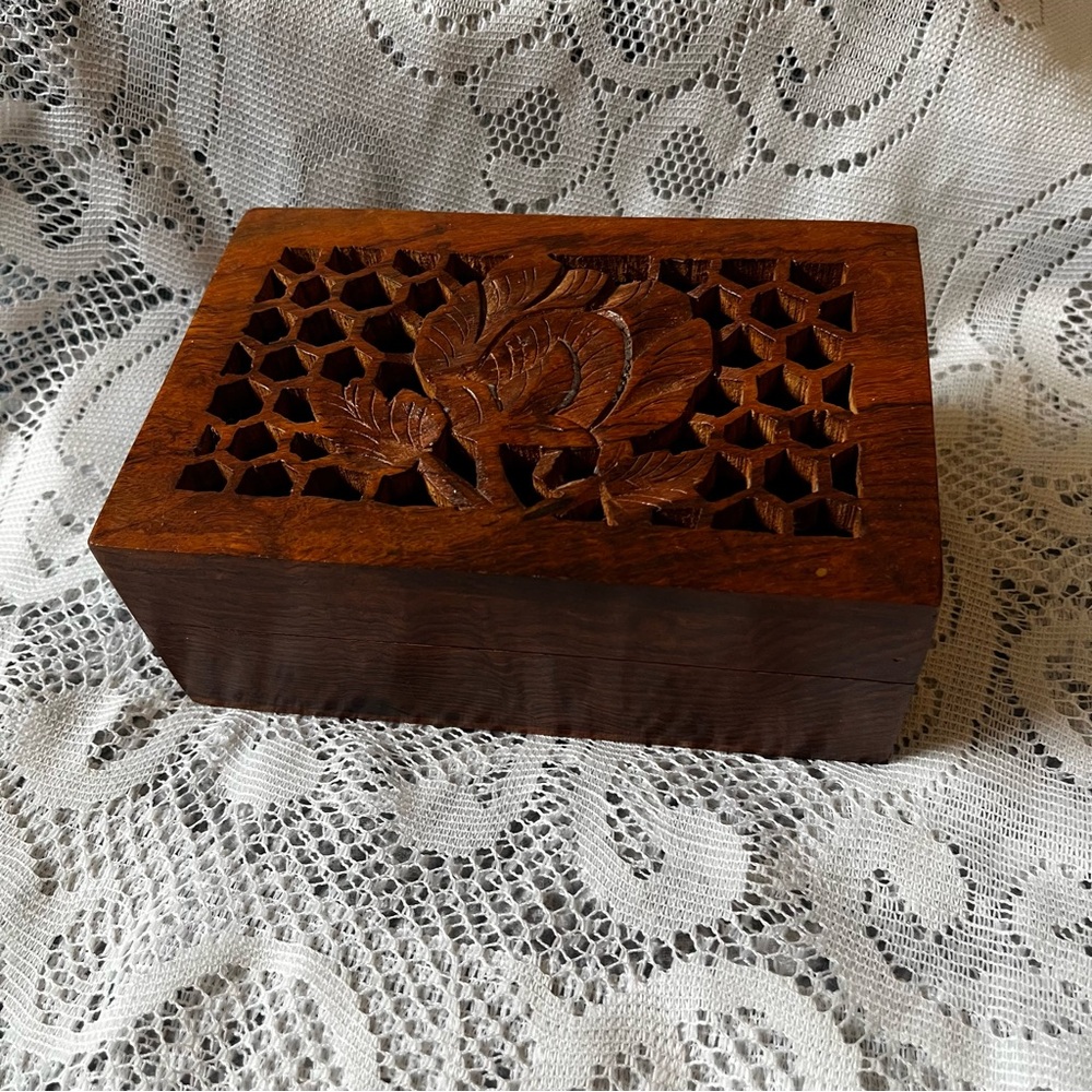 Vintage Wooden Carved Jewelry Box